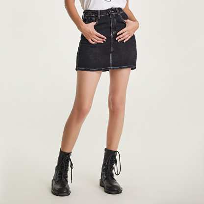 Black Contrast Stitch Cotton-Blend Mini Denim Skirt