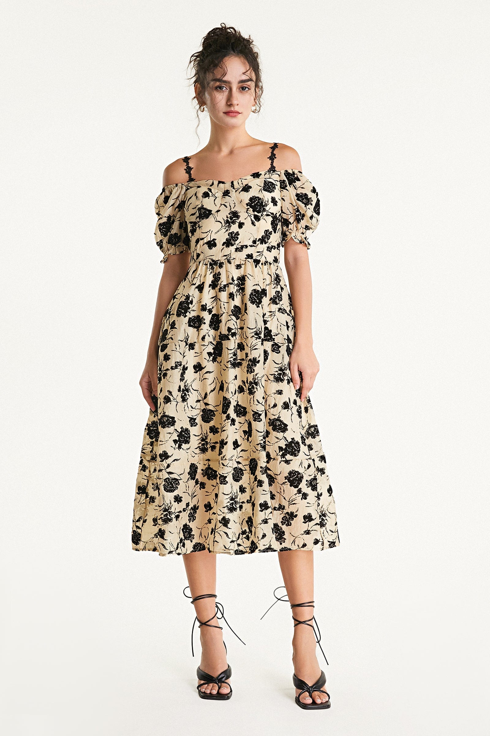 Beige Off-the-Shoulder Velvet Floral Midi Dress