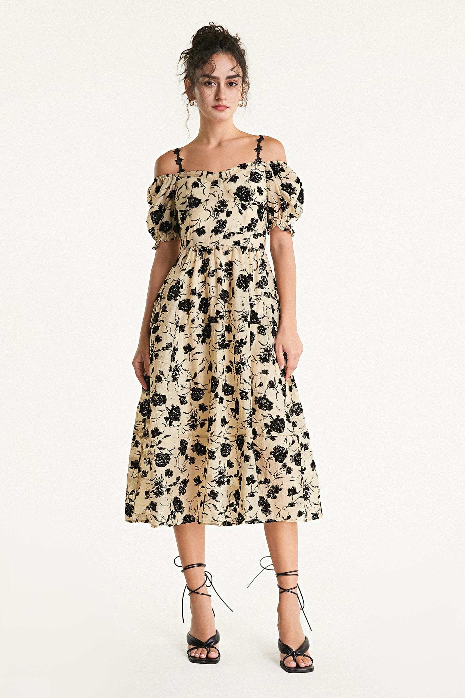 Beige Off-the-Shoulder Velvet Floral Midi Dress