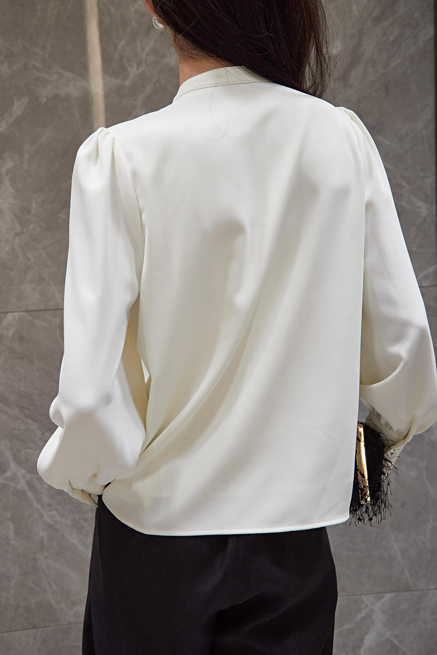 Beige Puffle Front Flounce-Trimmed Long Sleeve Blouse