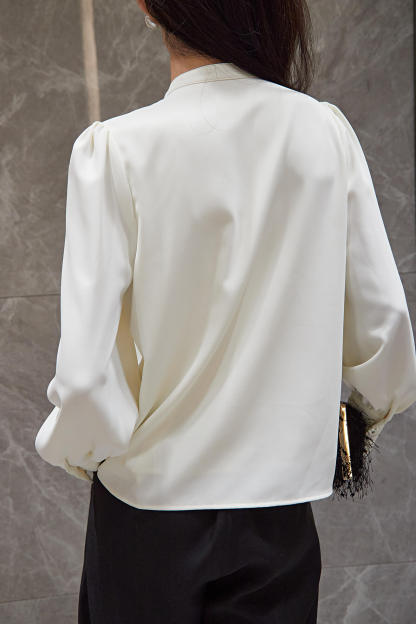 Beige Puffle Front Flounce-Trimmed Long Sleeve Blouse