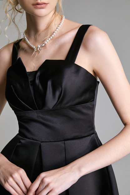 Black Satin Notched Flared Mini Dress