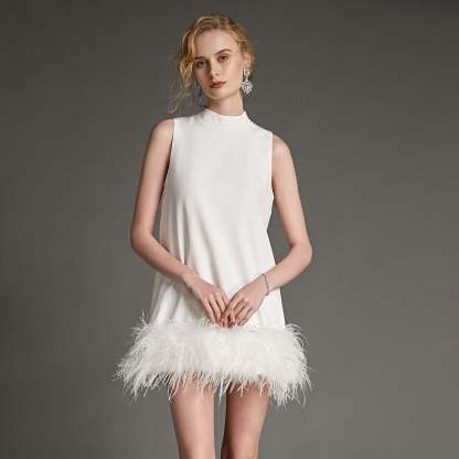 White Sleeveless Mock Neck Feather-Trimmed Mini Dress