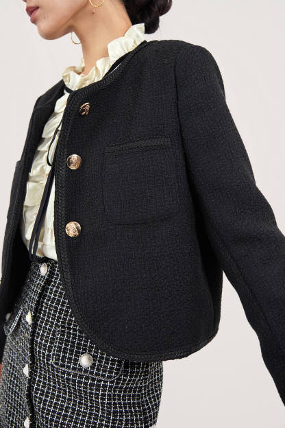 Black Frenchy Button Front Detail Tweed Jacket