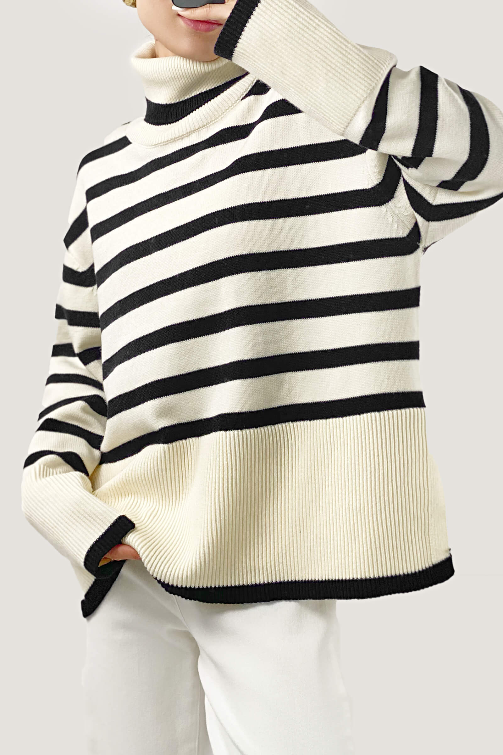 White Roll Neck Striped Ribbed Pullover Sweater