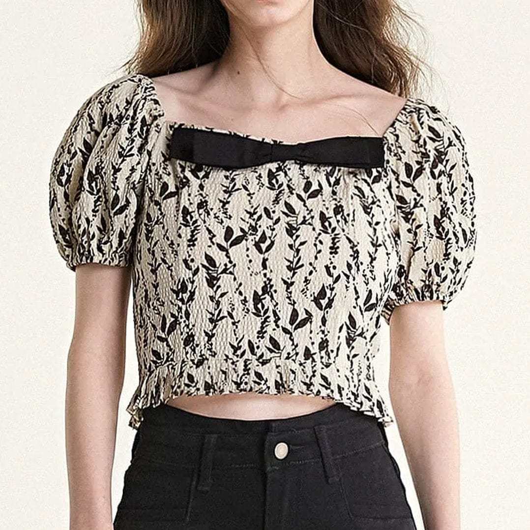 Beige Leaf Print Puff Sleeve Bow Detail Crop Top