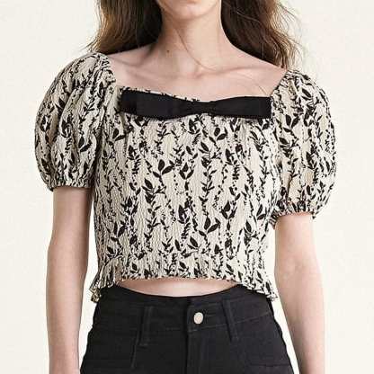 Beige Leaf Print Puff Sleeve Bow Detail Crop Top