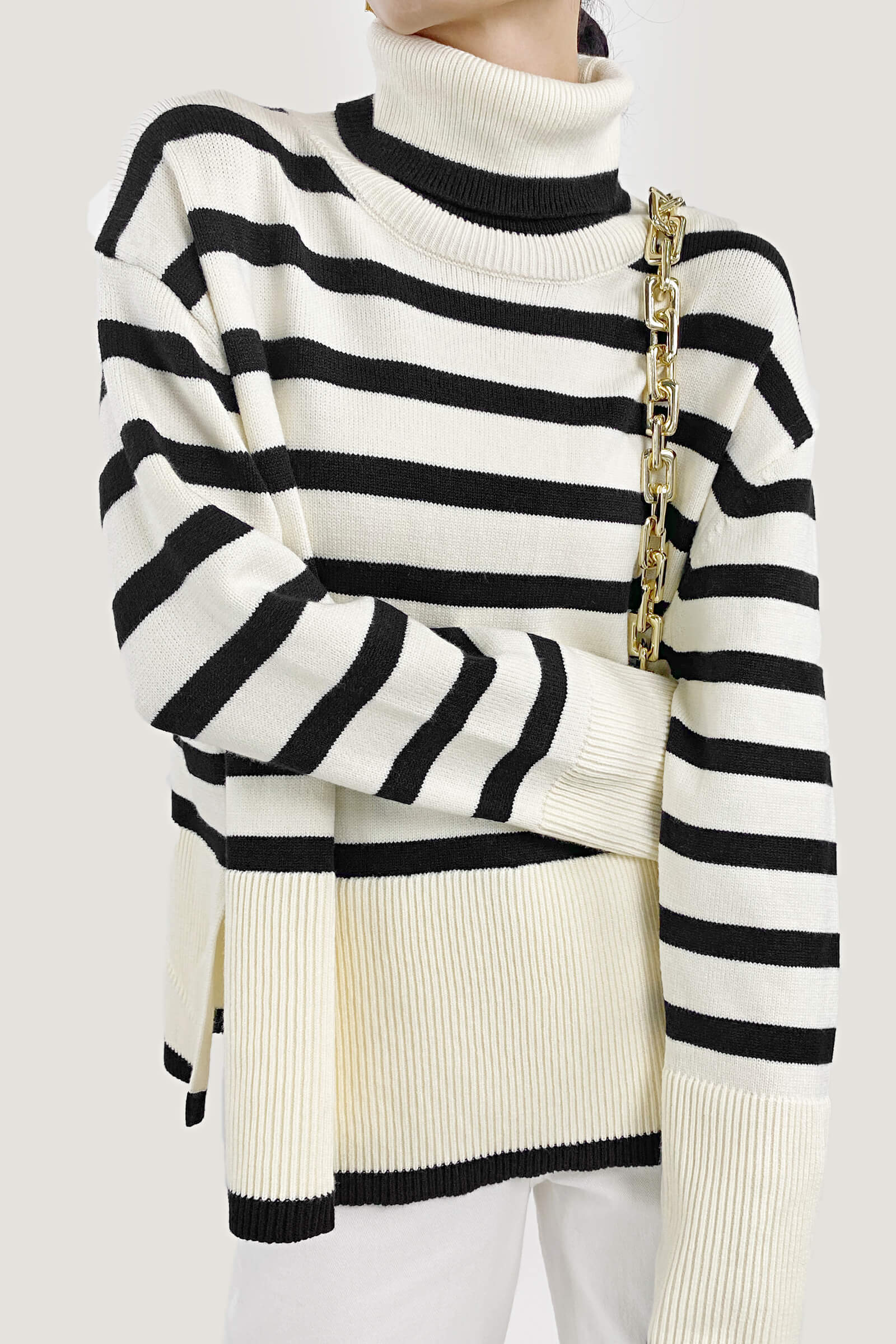 White Roll Neck Striped Ribbed Pullover Sweater