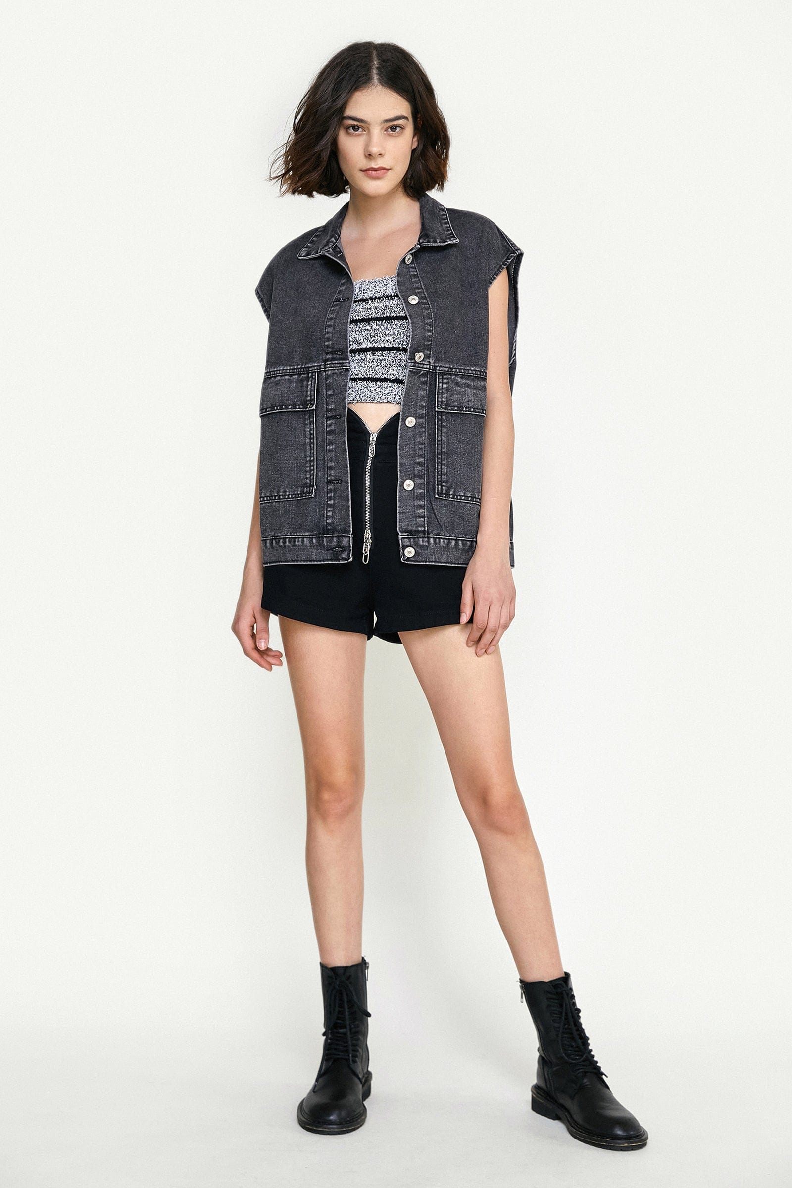 Black Collared Flap Pocket Button Front Denim Vest