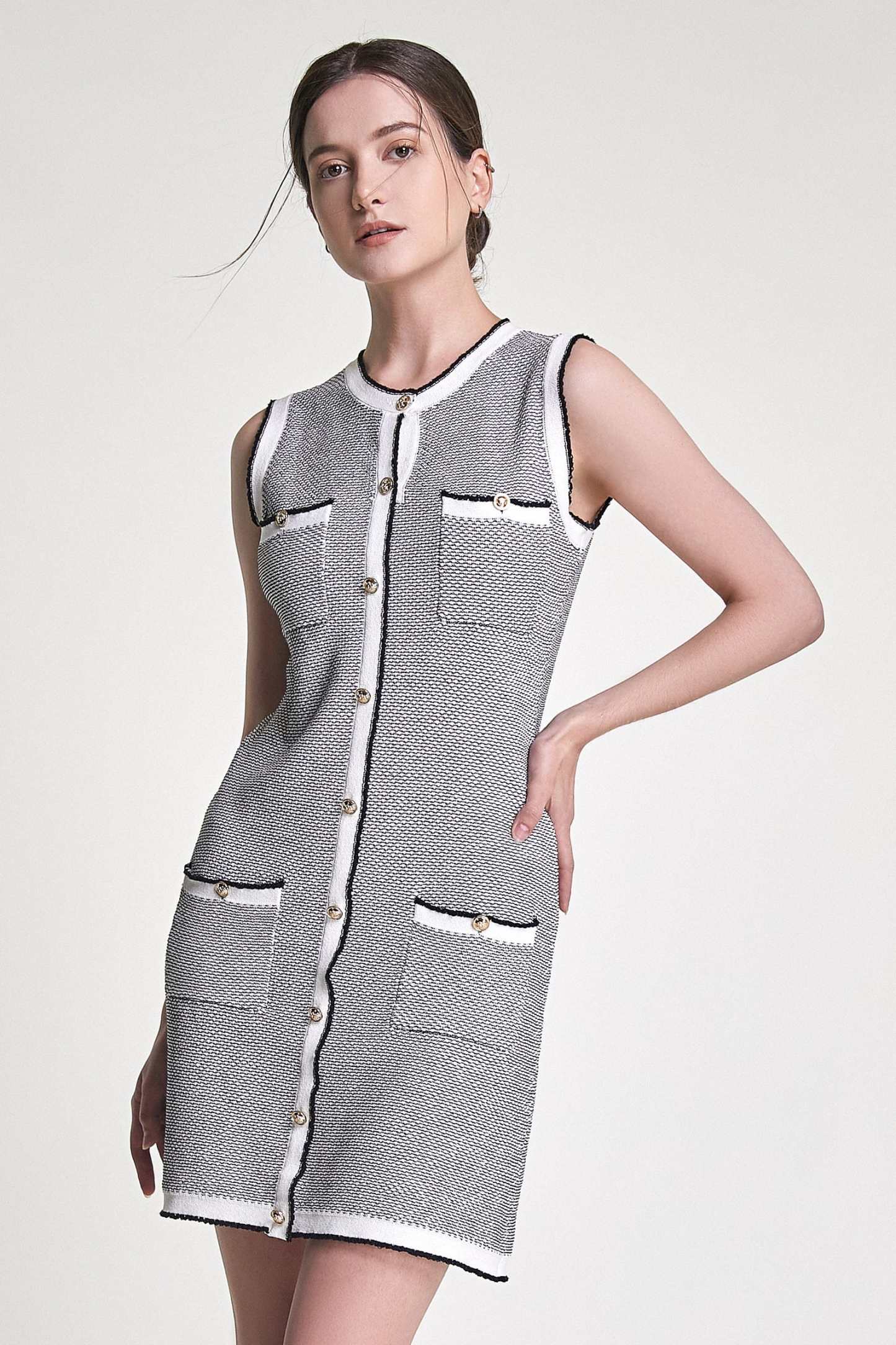 Grey Sleeveless Button Front Pocket Detail Knitted Mini Dress