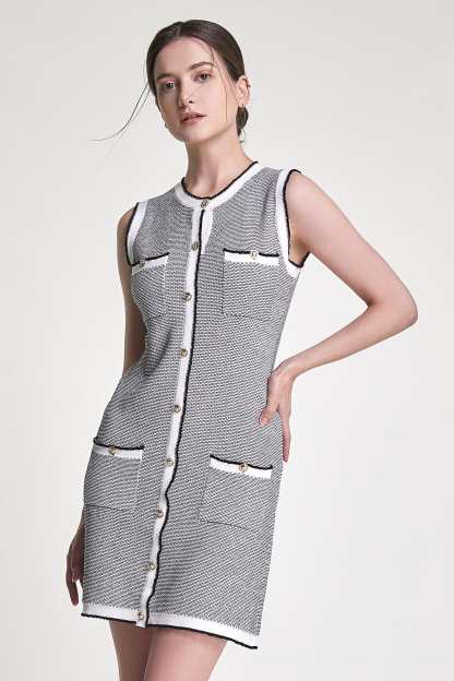 Grey Sleeveless Button Front Pocket Detail Knitted Mini Dress