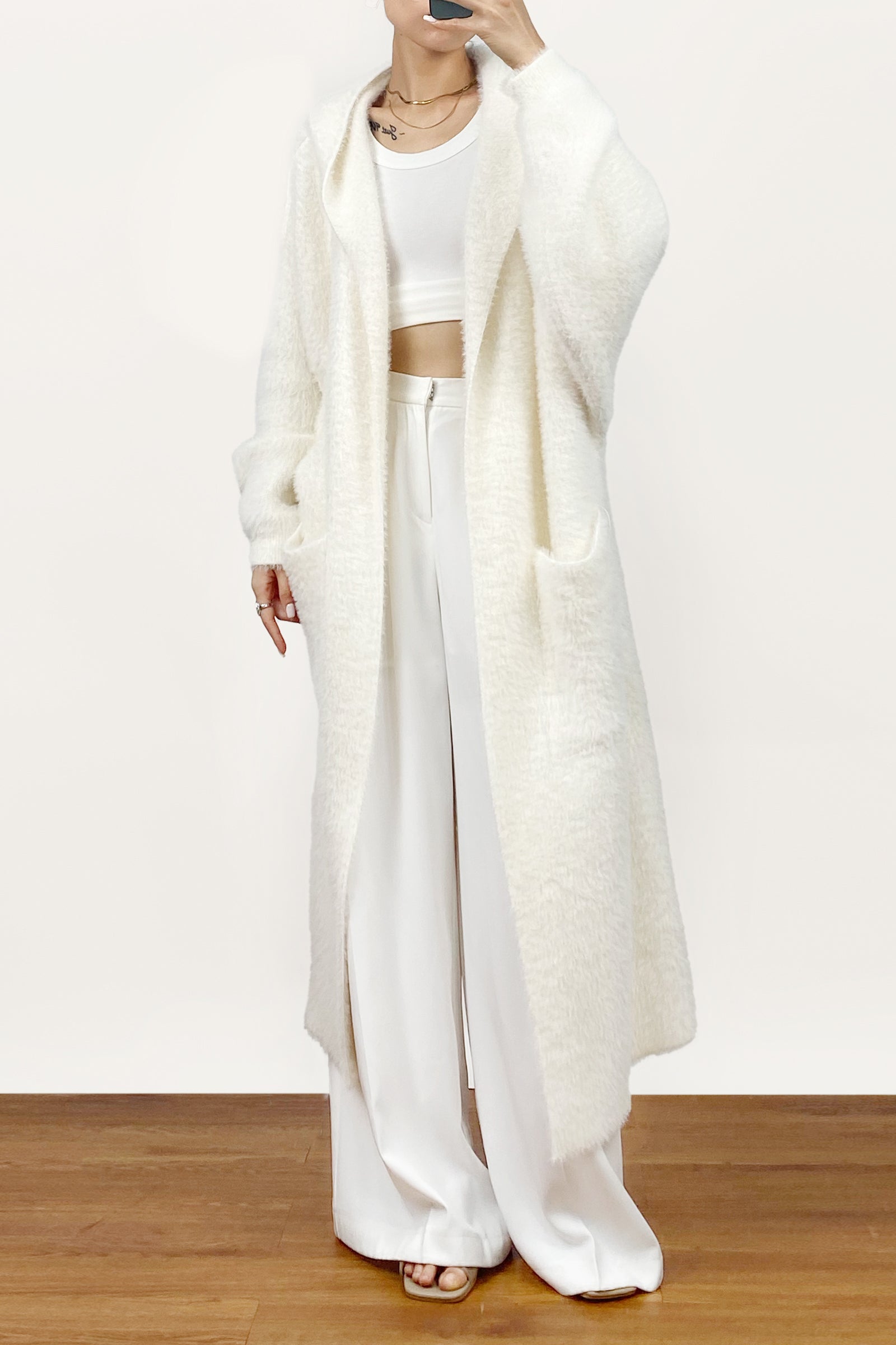 Ivory Faux Fur Open Front Hooded Long Cardigan