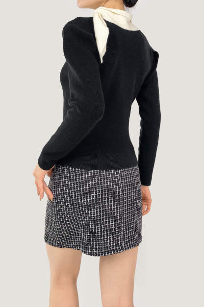 Black Turtleneck Color Block Tie Detail Sweater