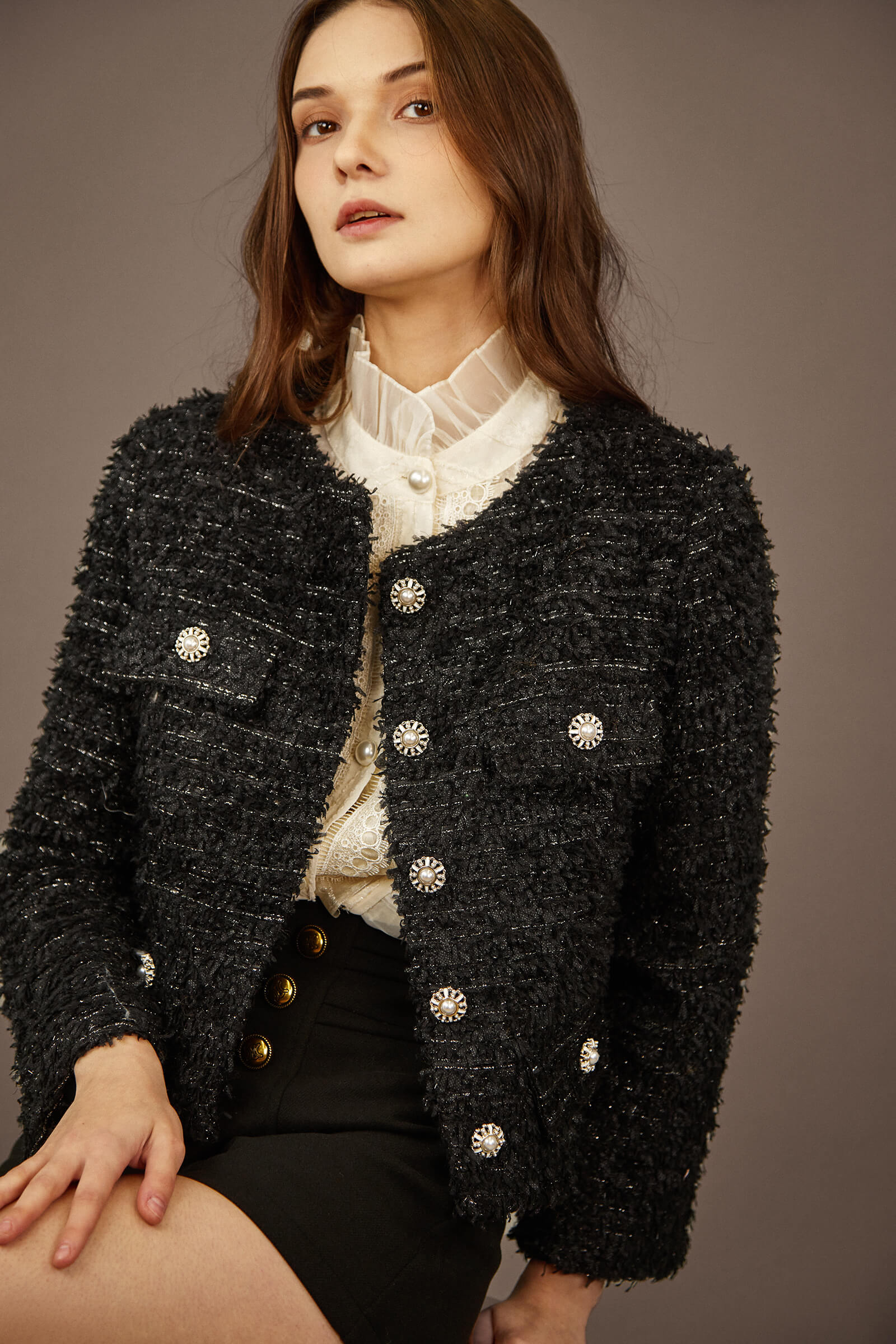 Black Single-Breasted Tweed Jacket