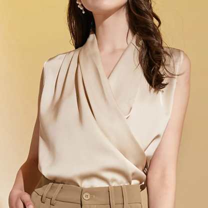 Antique White Satin Sleeveless Blouse