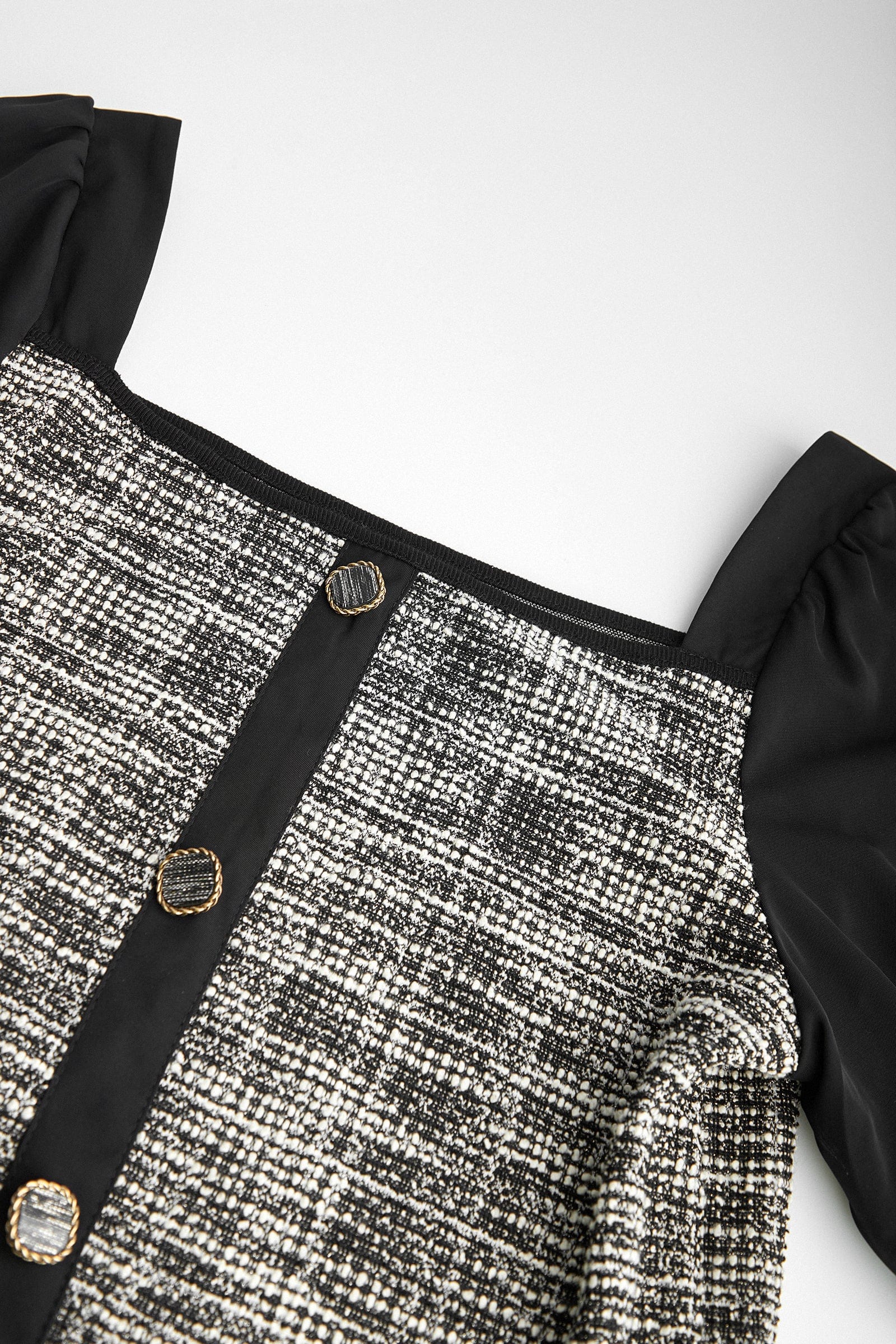 Black Tweed Square Neck Button Detail Puff Sleeve Blouse