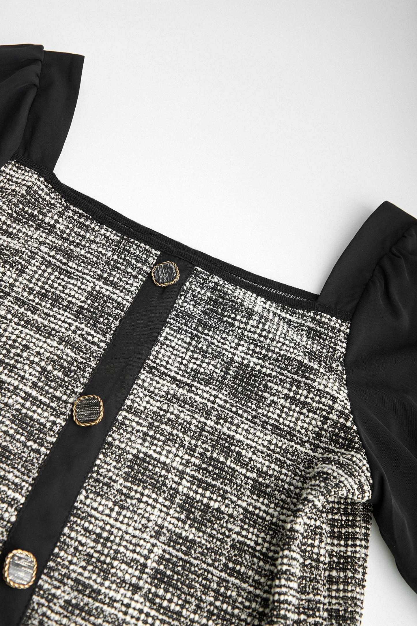 Black Tweed Square Neck Button Detail Puff Sleeve Blouse