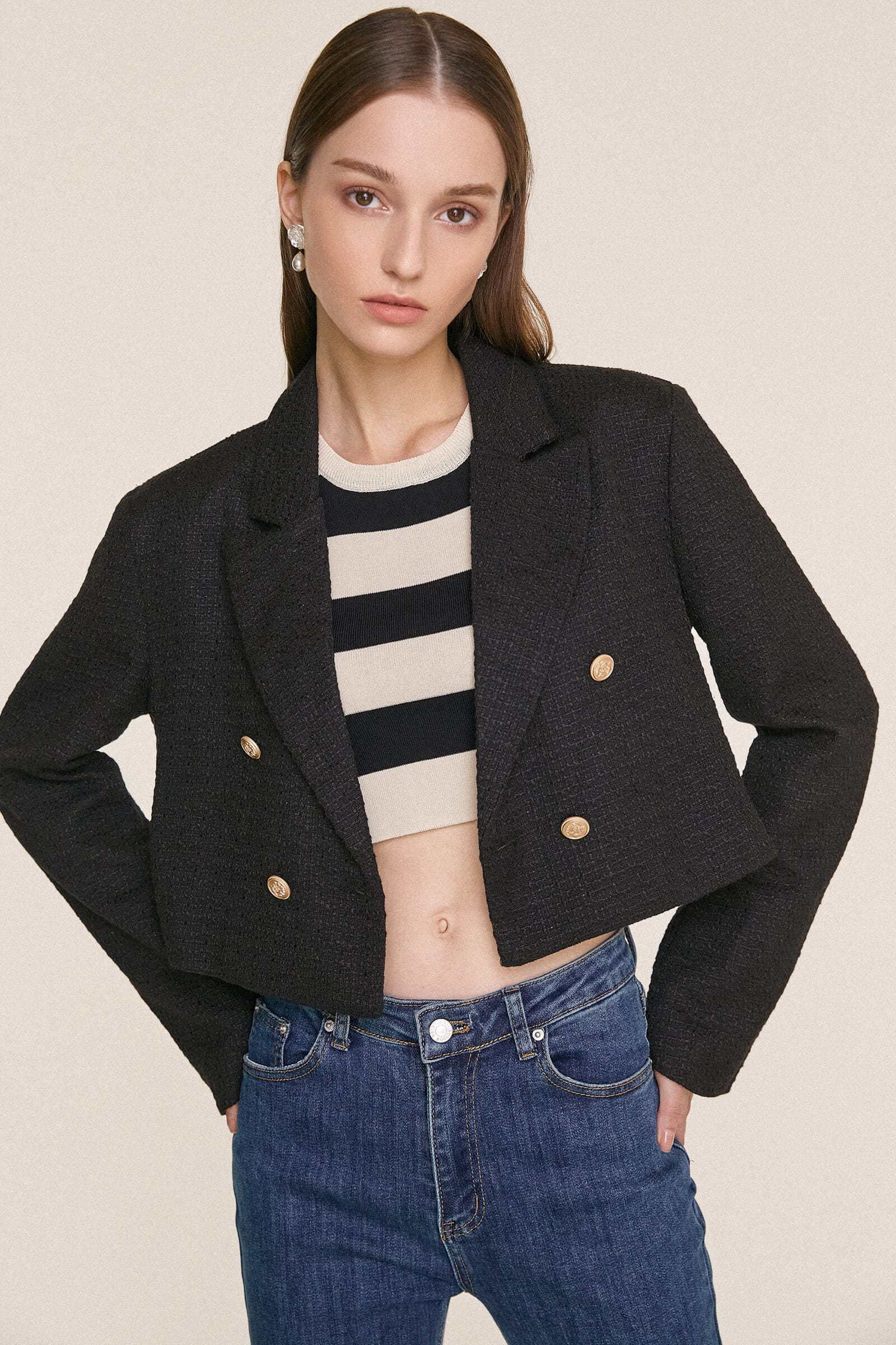 Black Textured Double-Breasted Cropped Tweed Blazer