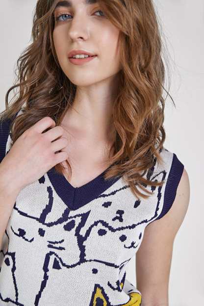 Midnight Blue Cat Print Knitted Vest