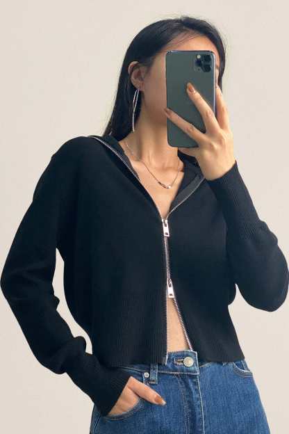 Black Wool-Blend Collared Zip-Up Cardigan