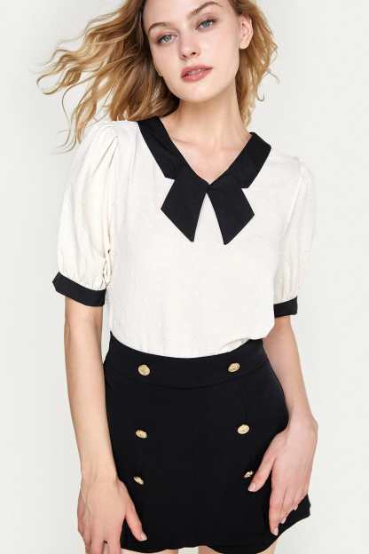 Beige Swiss Dot Short Sleeve Blouse
