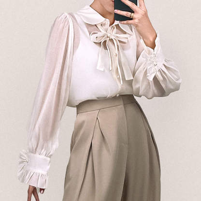 Floral White Sheer Button-Up Tie Neck Blouse