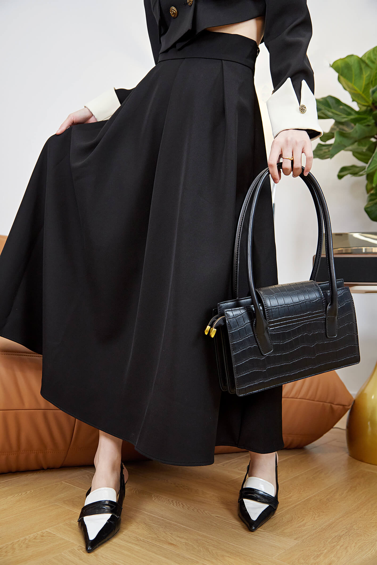 Black High-Waisted A Line Midi Skirt