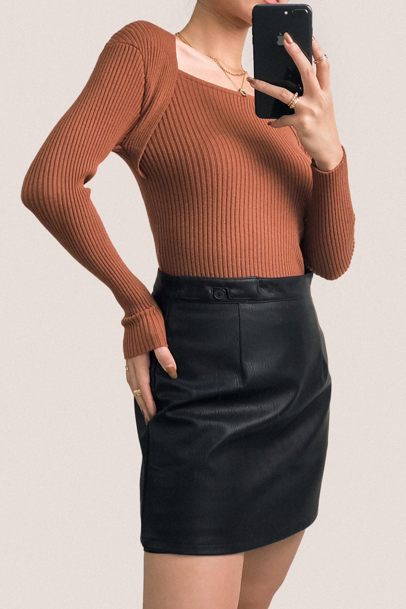 Brown Ribbed Knit Square Neck Sweater