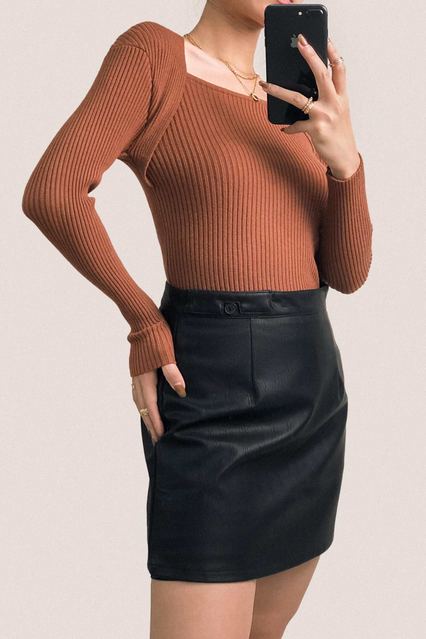 Brown Ribbed Knit Square Neck Sweater
