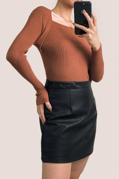 Brown Ribbed Knit Square Neck Sweater
