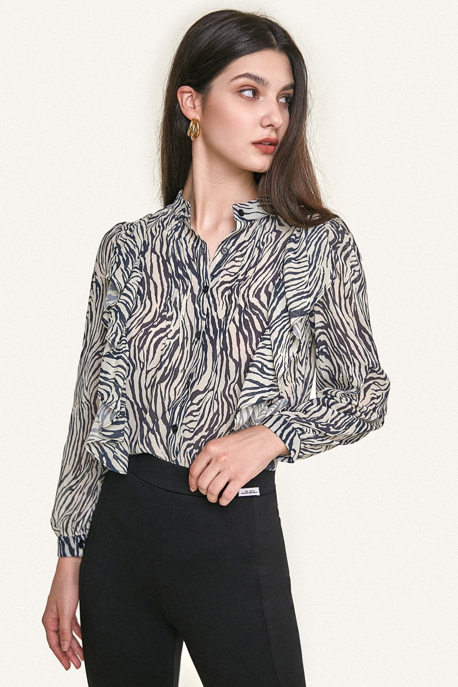 Black Zebra Print Ruffle Trim Button-Up Chiffon Work Shirt