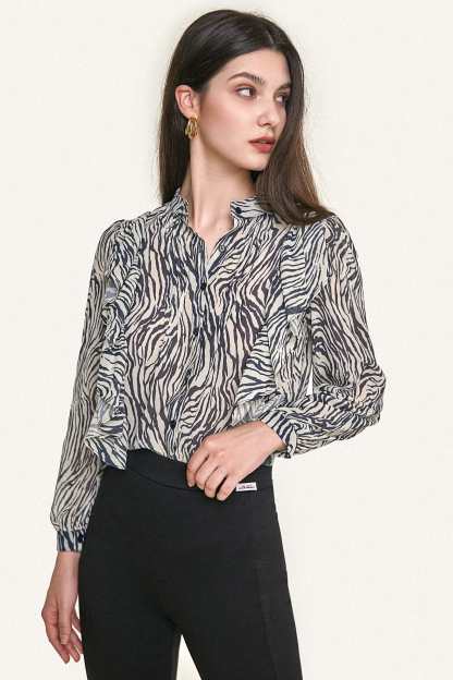 Black Zebra Print Ruffle Trim Button-Up Chiffon Work Shirt