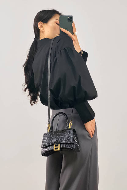 Black Pointed Collar Button Detail Lantern Sleeve Shirt