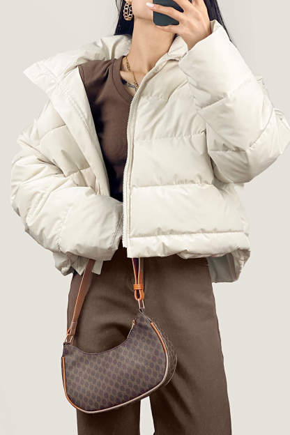 White Stand Collar Zip Puffer Jacket