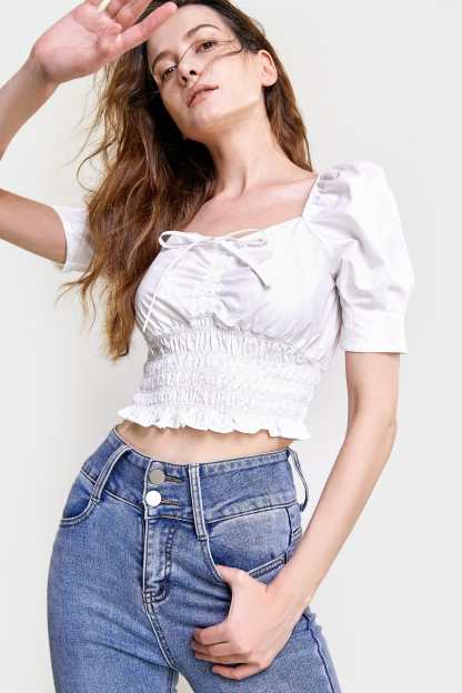 White Ruched Drawstring Smocked Cropped Blouse
