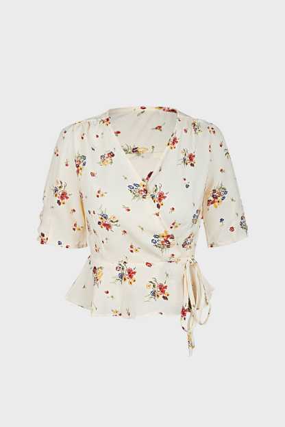 Ivory Floral Print Surplice V-Neck Tie Detail Blouse