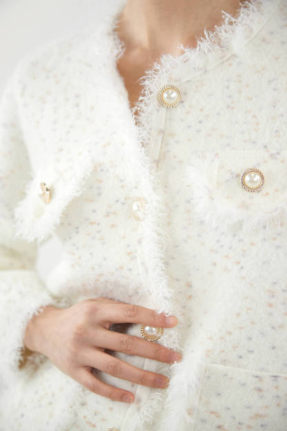 White Patched Pocket Frayed Trim Cardigan