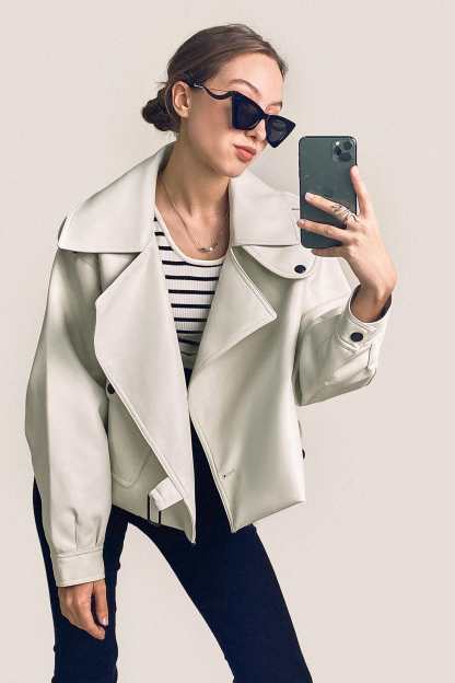 Beige Vegan Leather Pocket Detail Biker Jacket