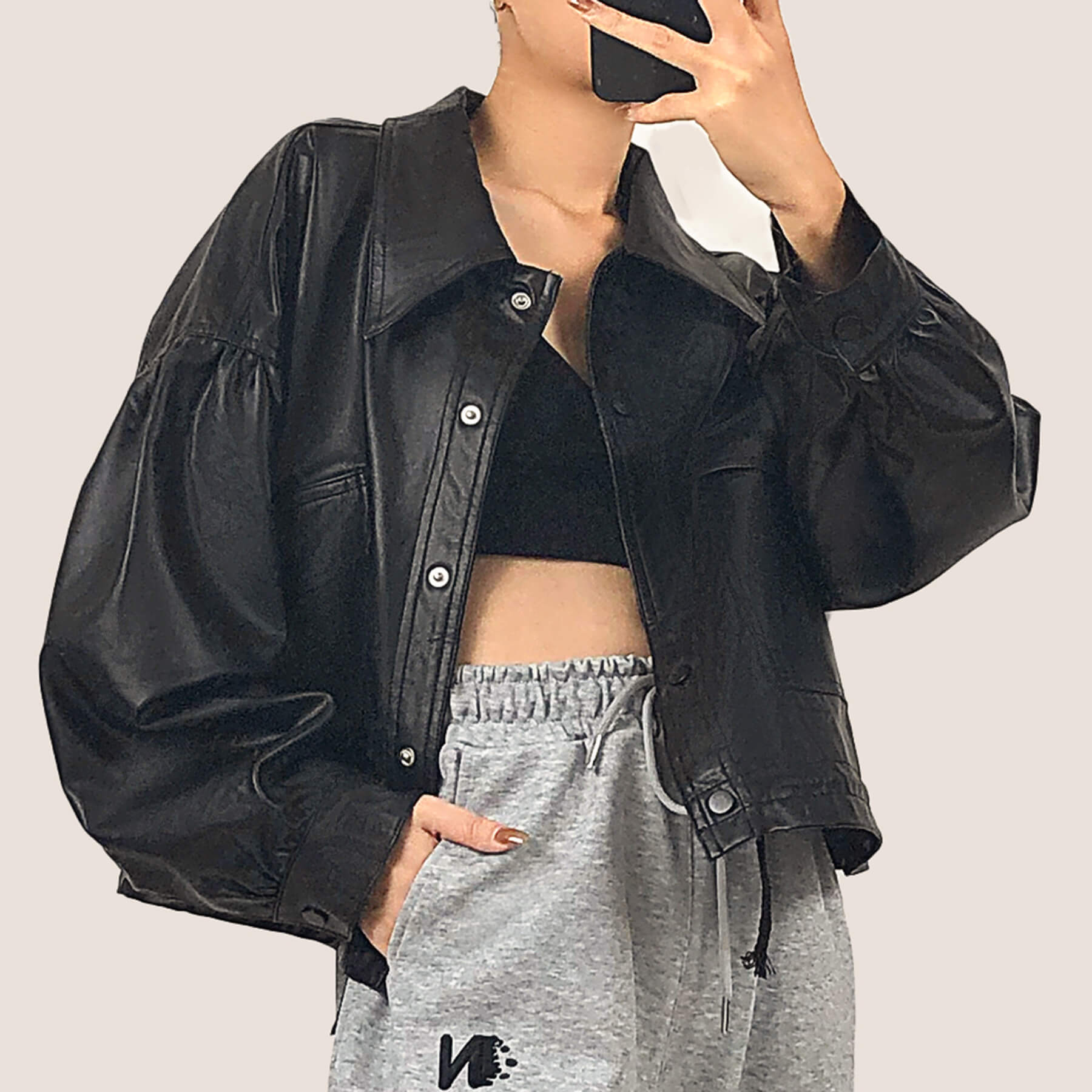 Black Drawstring Hem Button Front Flap Pocket Vegan Leather Jacket