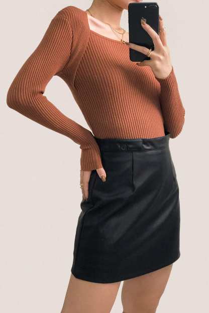 Brown Ribbed Knit Square Neck Sweater