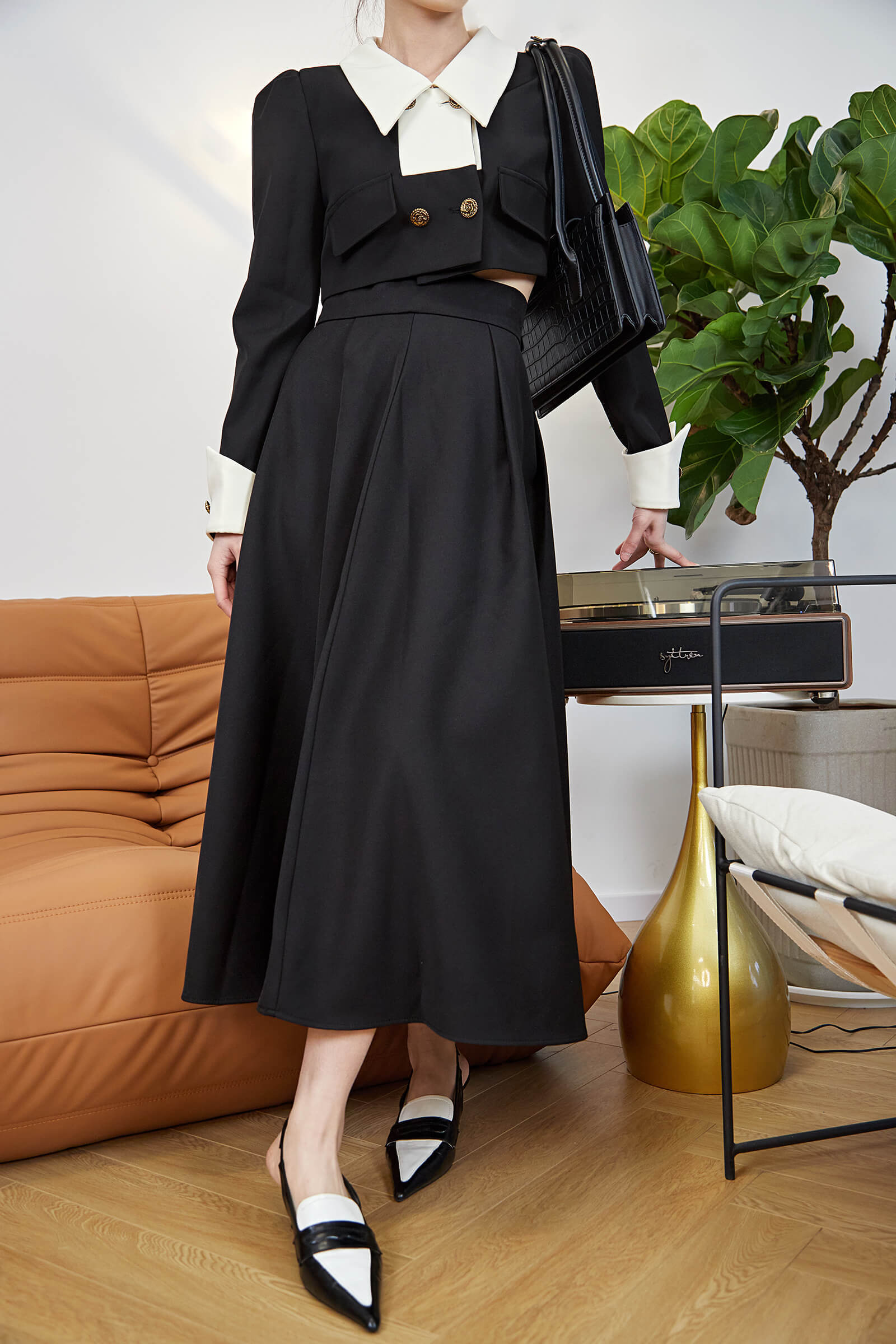 Black High-Waisted A Line Midi Skirt