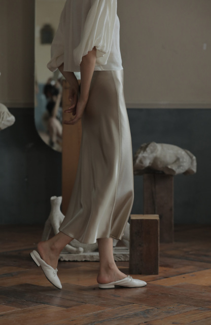 Beige Satin High-Rise A-Line Midi Skirt