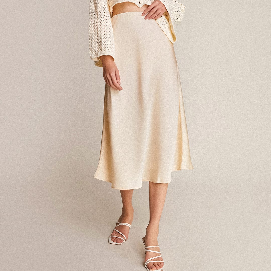 Ivory Satin High Rise A-Line Midi Skirt