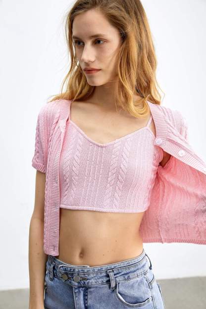 Athena Pink Short Sleeve Button Cardigan Set