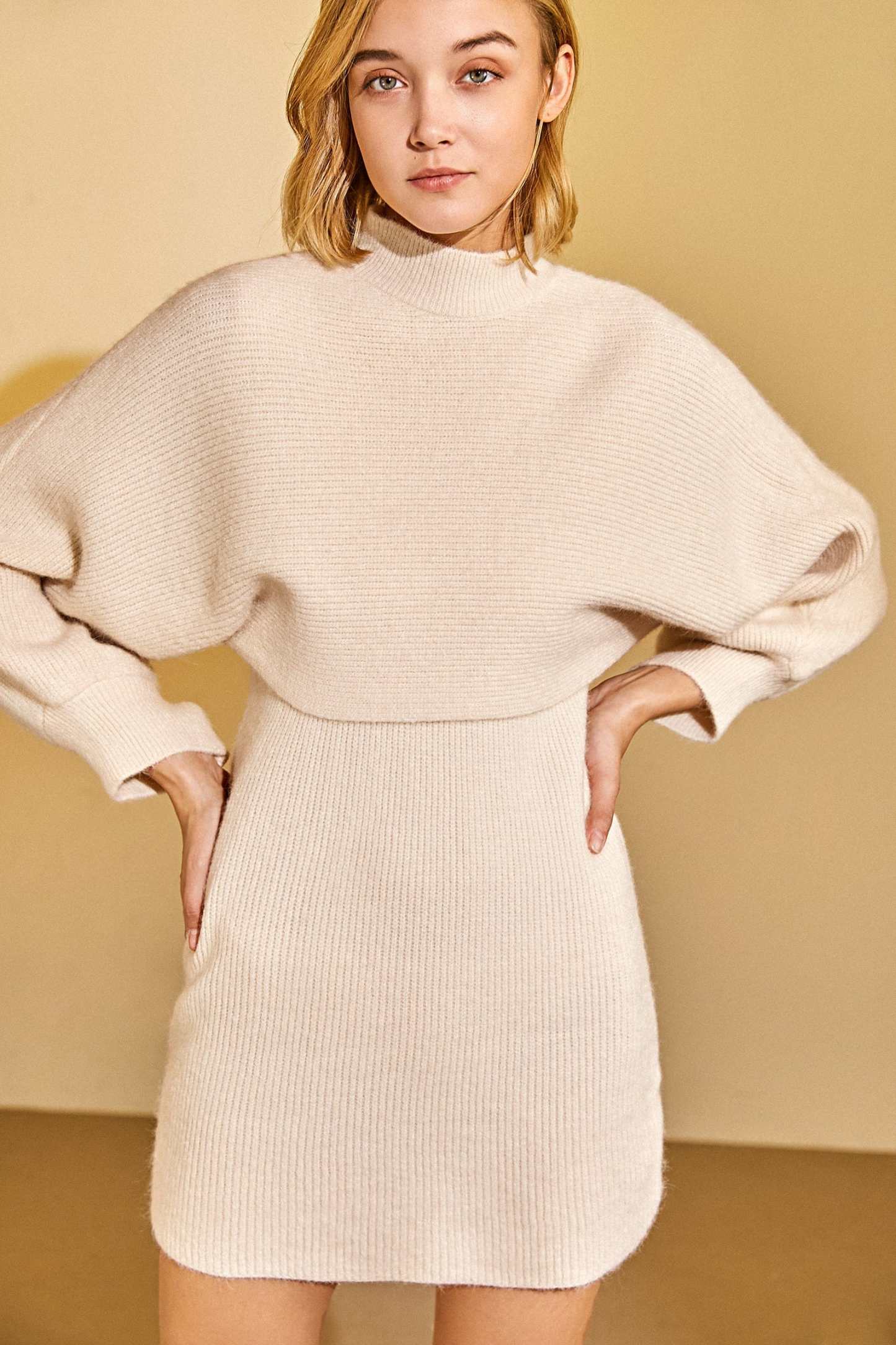 Floral White Turtleneck & Sleeveless Mini Dress Sweater Set