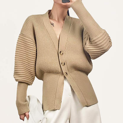 Tan Balloon Sleeve Ribbed Knit Cardigan