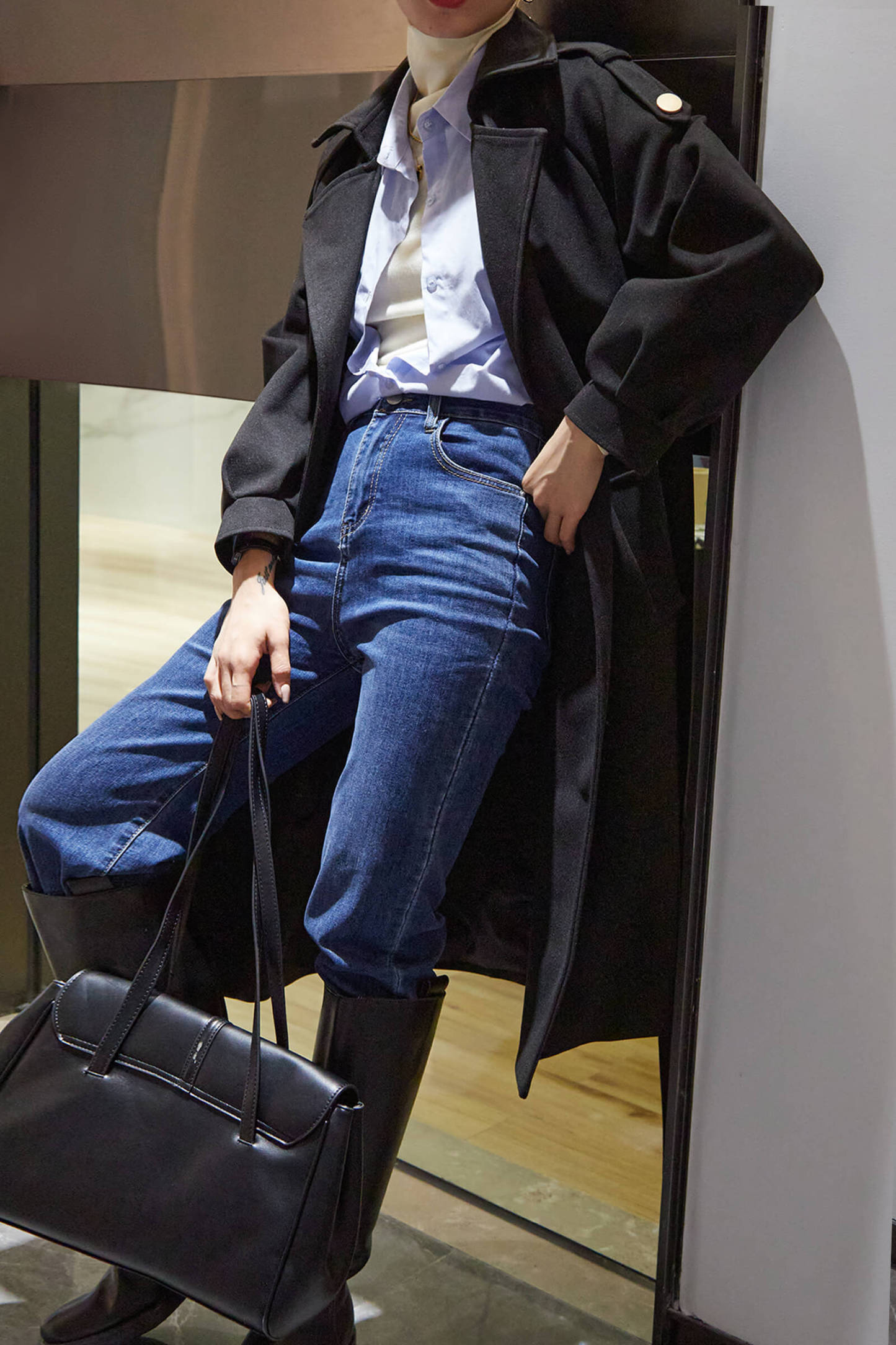 Black Double-Breasted Belted Lapel Collar Longline Coat