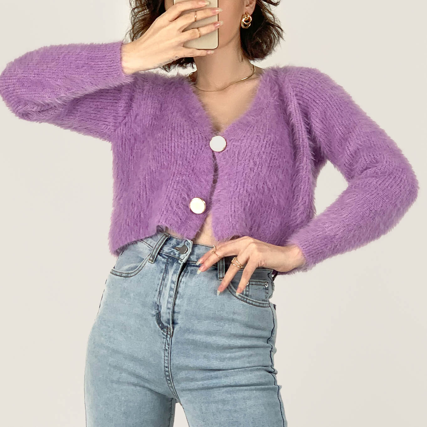 Orchid V-Neck Fuzzy Knit Cropped Cardigan