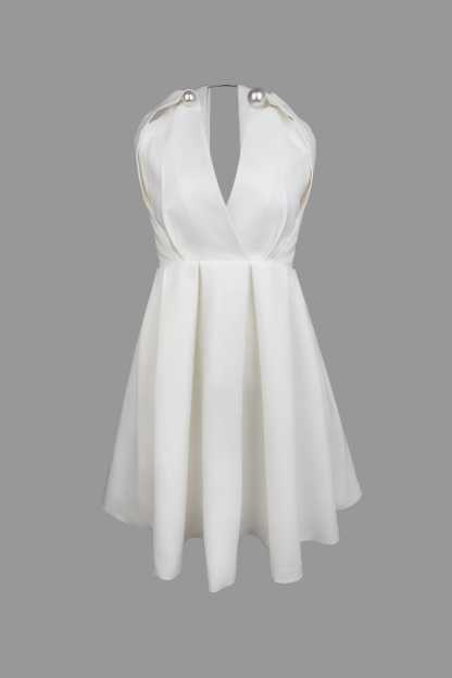 White Sleeveless Metal Ring Halter Mini Dress