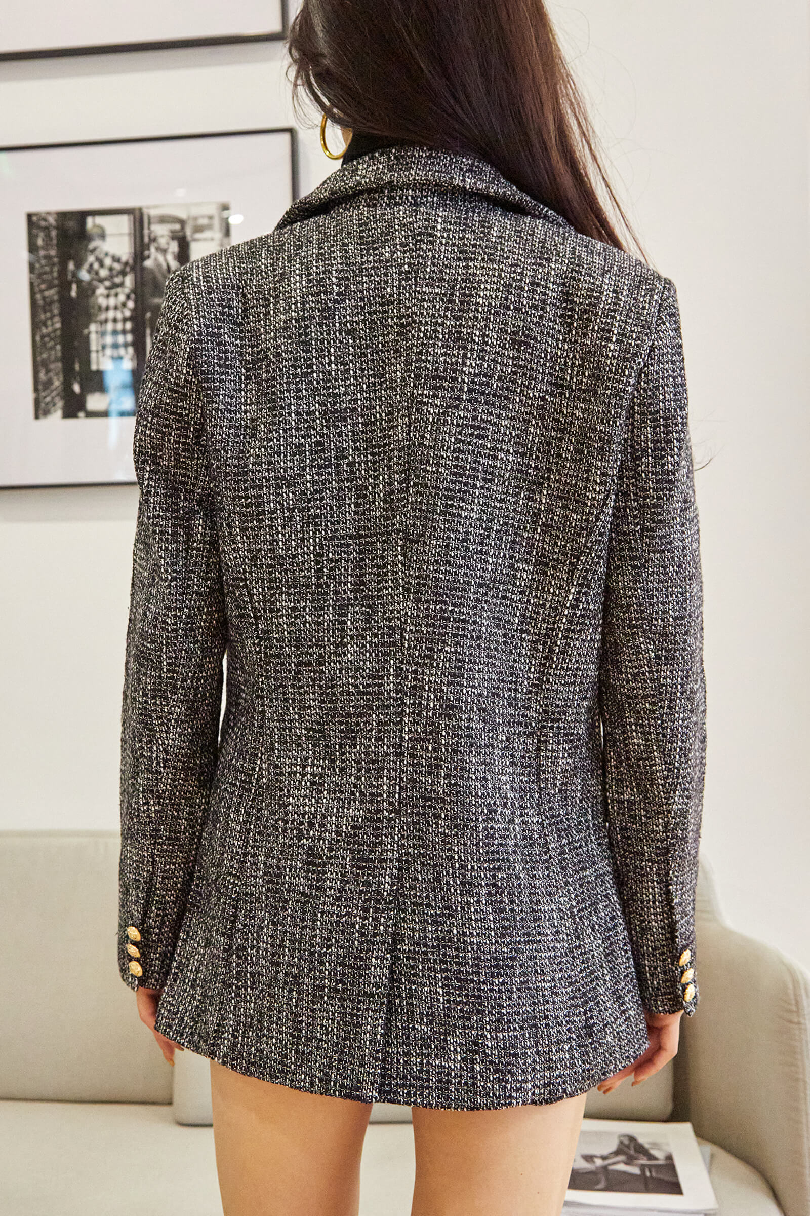 Black Lapel Collar Houndstooth Blazer